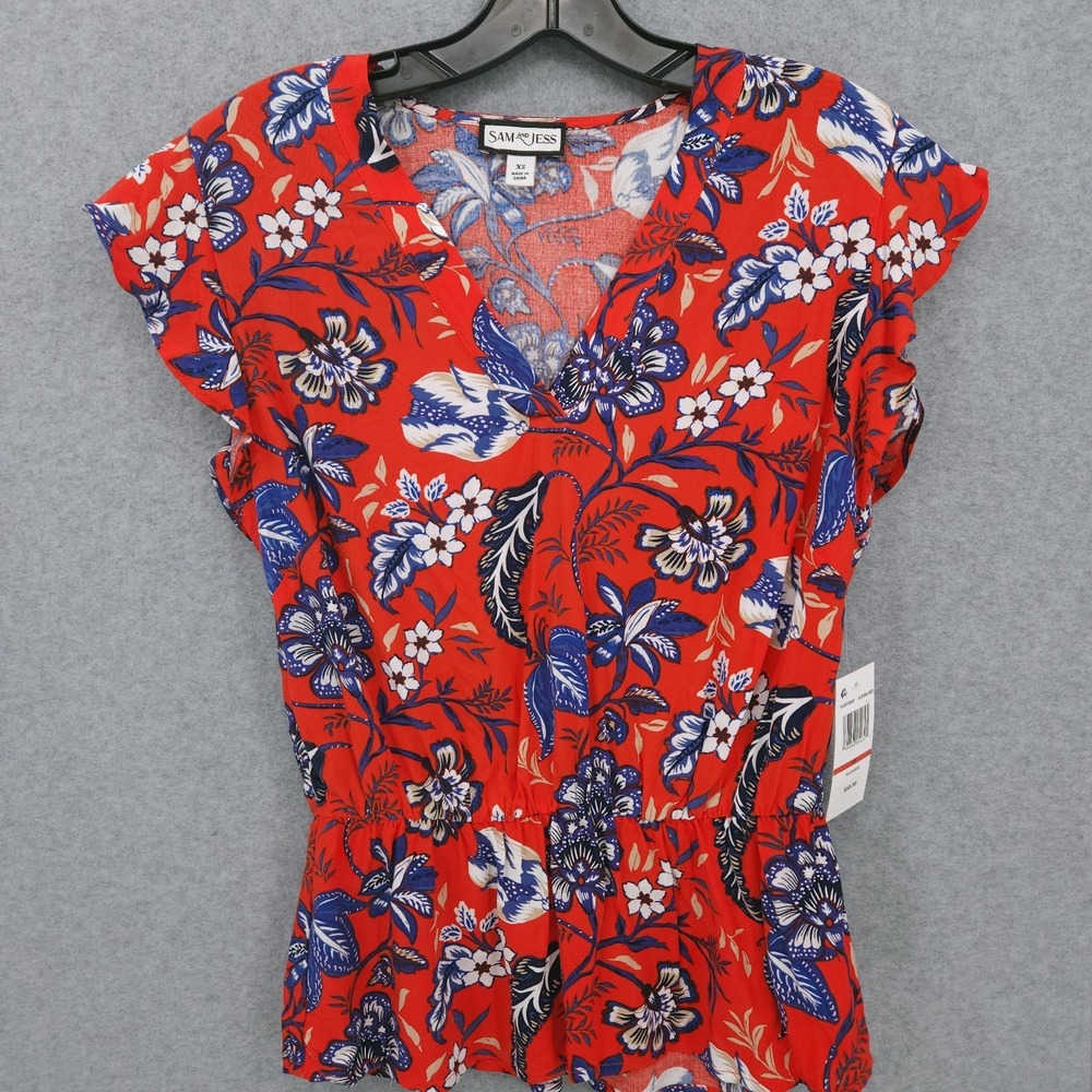 Sam & Jess Ruffle Sleeve V Neck Floral Pullover Red Blouse Womens Size XS NWT